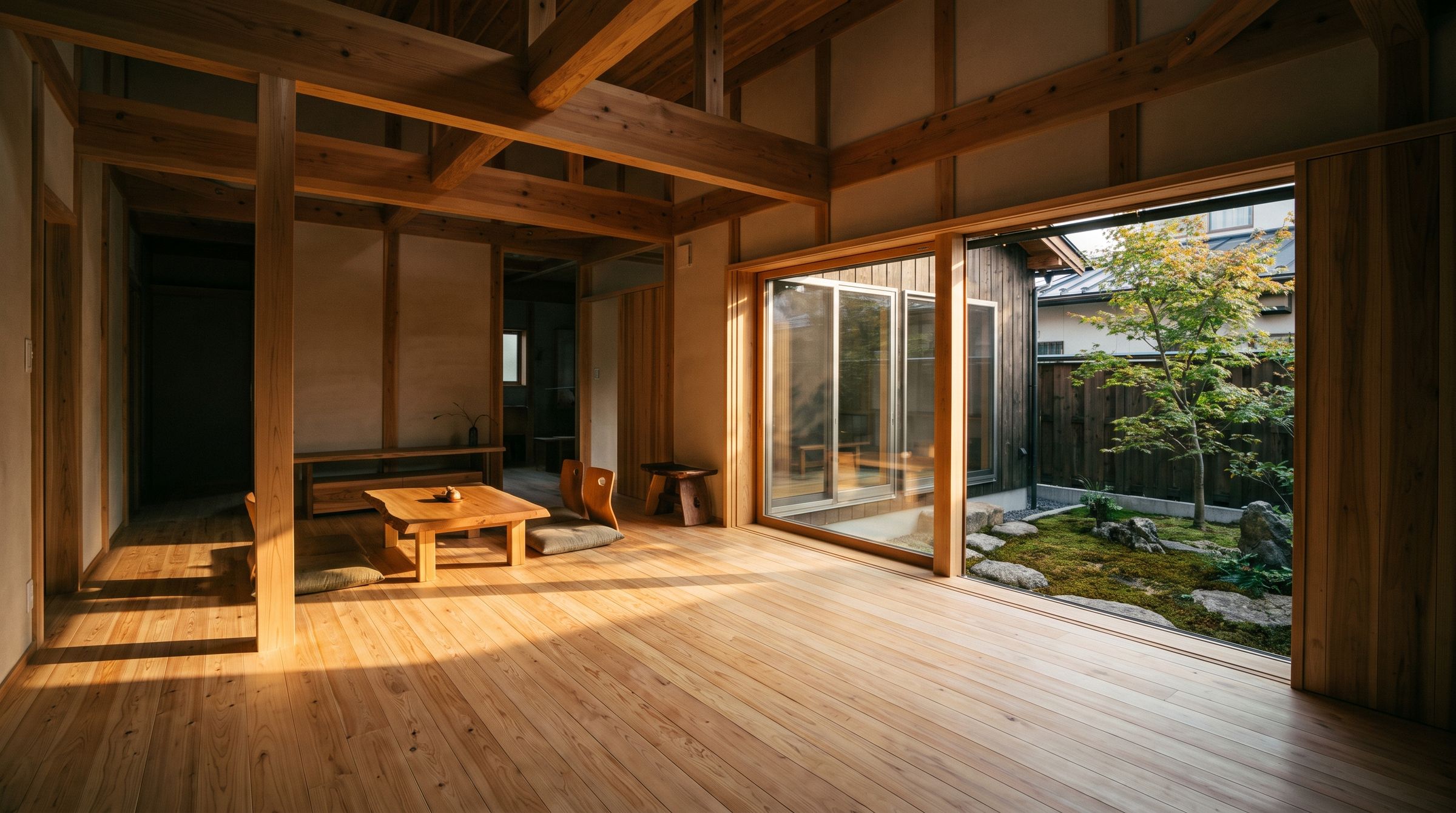 夕方の低い日差しが、杉の梁とひのきの床を照らす完成したばかりの居間