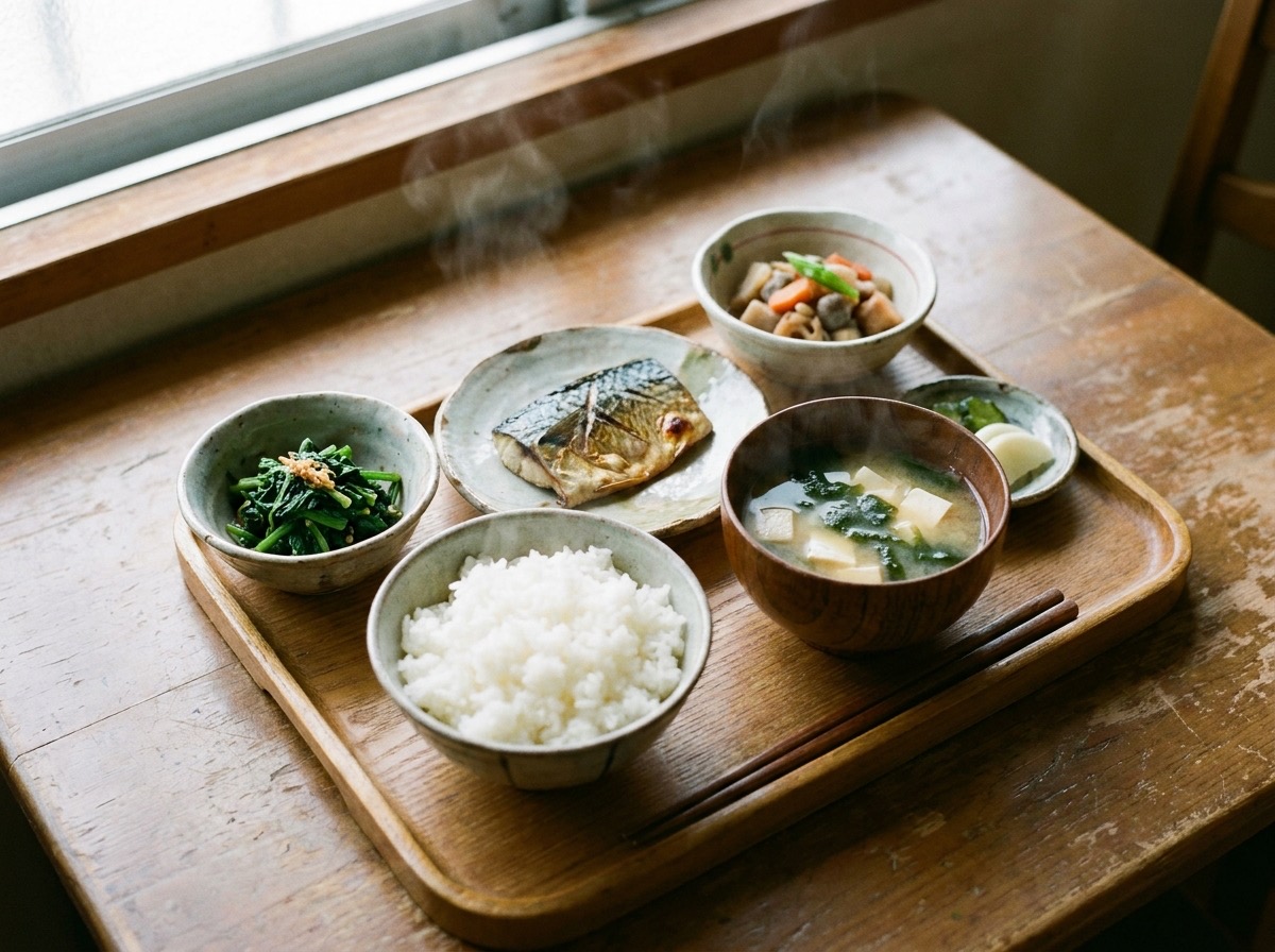 木のお盆にのった、ごはんと味噌汁と焼き魚の昼食