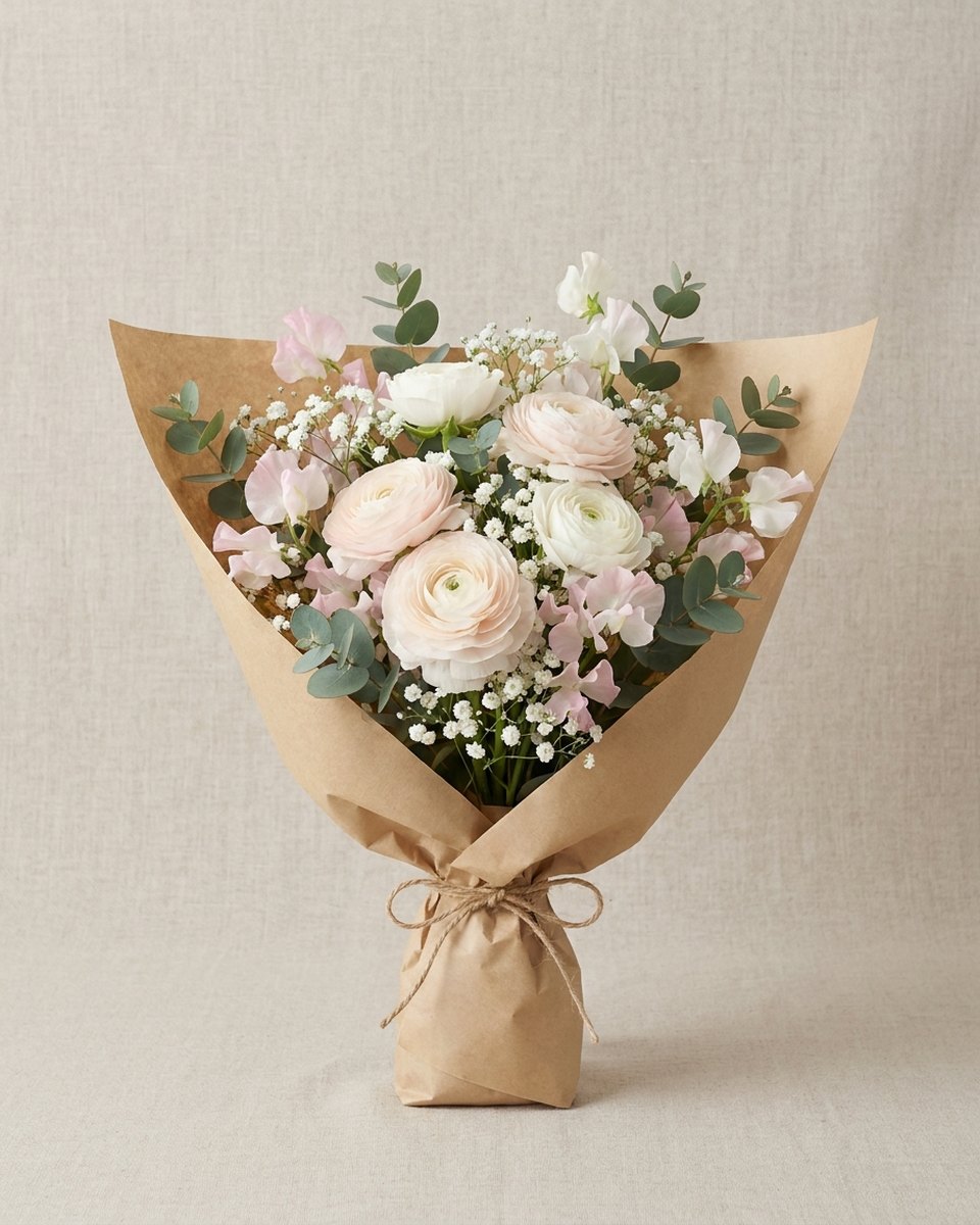 淡い薄紅と白の花束。生成りの紙で巻き、麻ひもで結んである