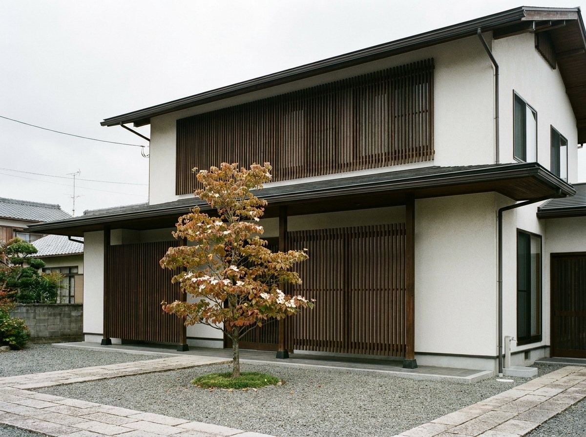 白い漆喰壁と木の格子の低層の会館の外観