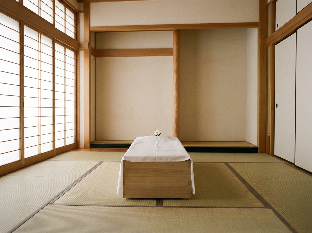 畳敷きの安置室。障子越しに朝の光が差し込んでいる