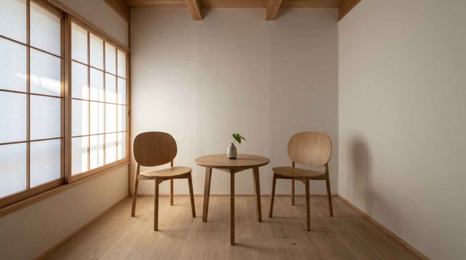 無人の相談室。木の椅子が二脚、小さな丸テーブルをはさんで向かい合っている
