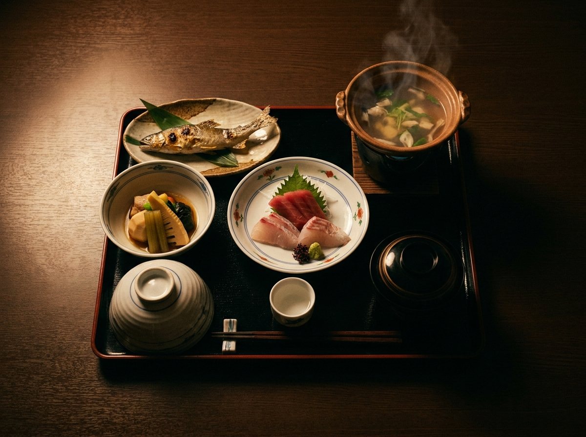夕食の膳。焼き魚と小鉢と土鍋