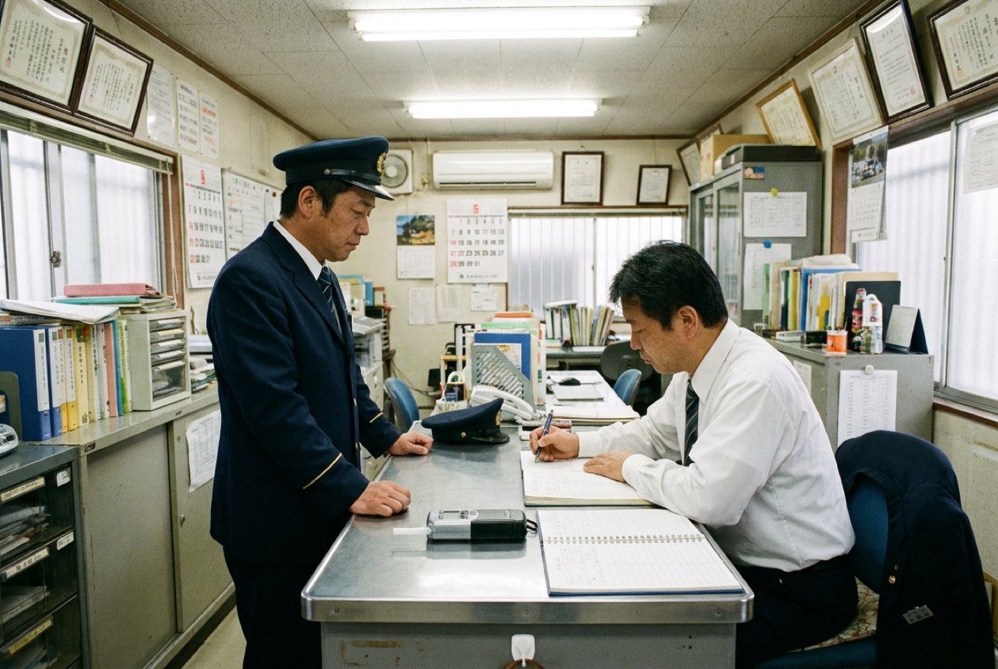 出発前の点呼。運行管理者が記録簿に記入している