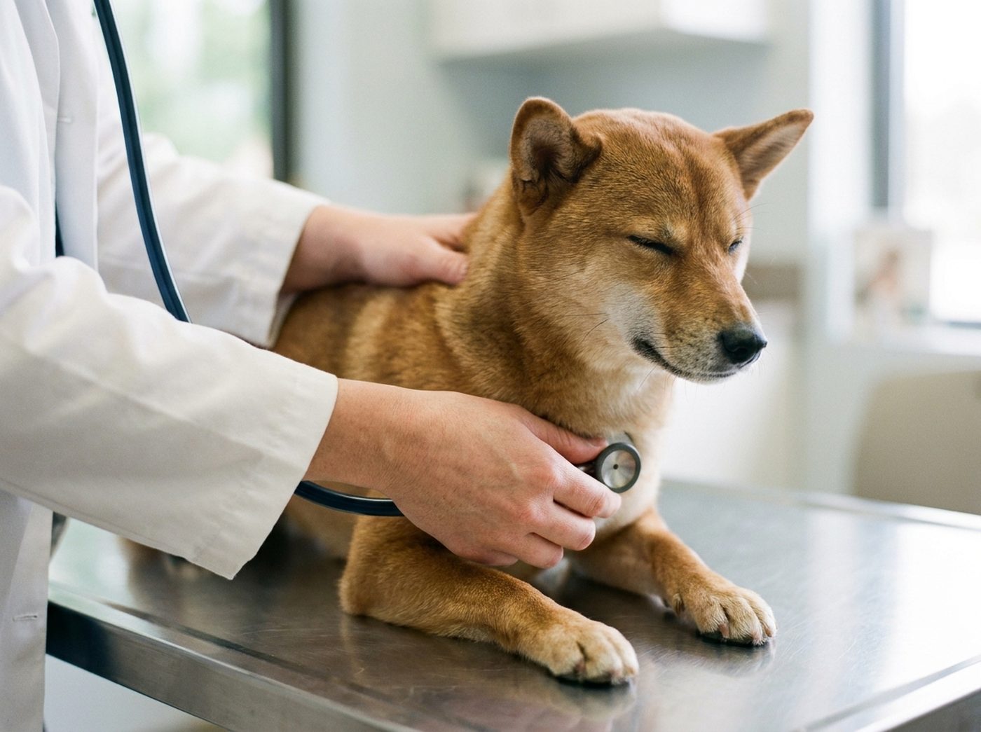 診察台で聴診を受けている犬