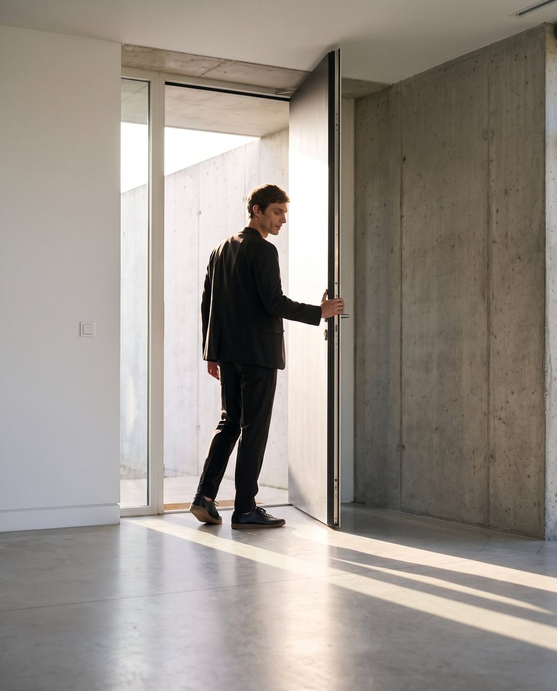 朝の光が差す玄関の扉を開けて、出かける男性
