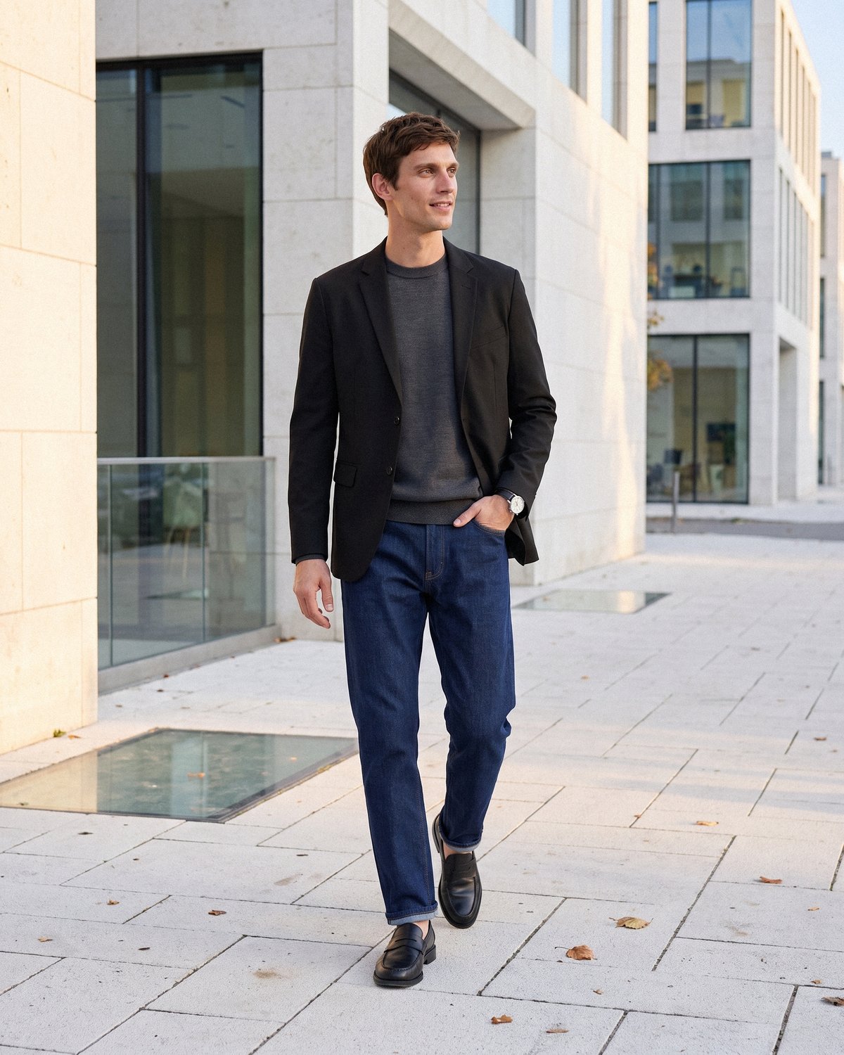 黒のジャケットに、チャコールのニットとデニムのパンツを合わせて歩く男性