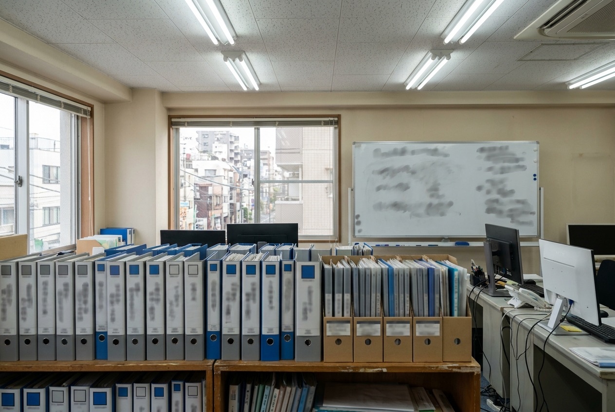 受注の控えや伝票をとじたファイルが棚に並び、奥にホワイトボードがある事務所
