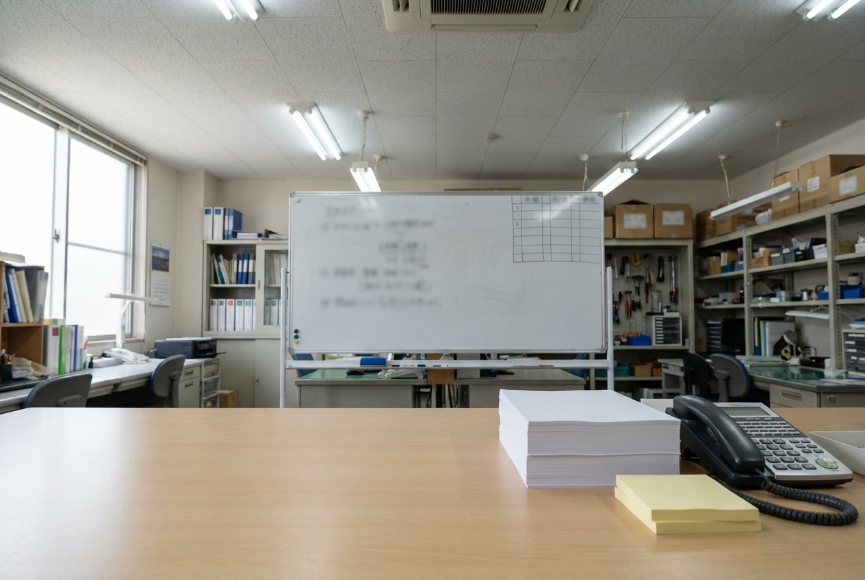 ホワイトボードのある事務所の机に、紙の束と電話と付箋が置かれている